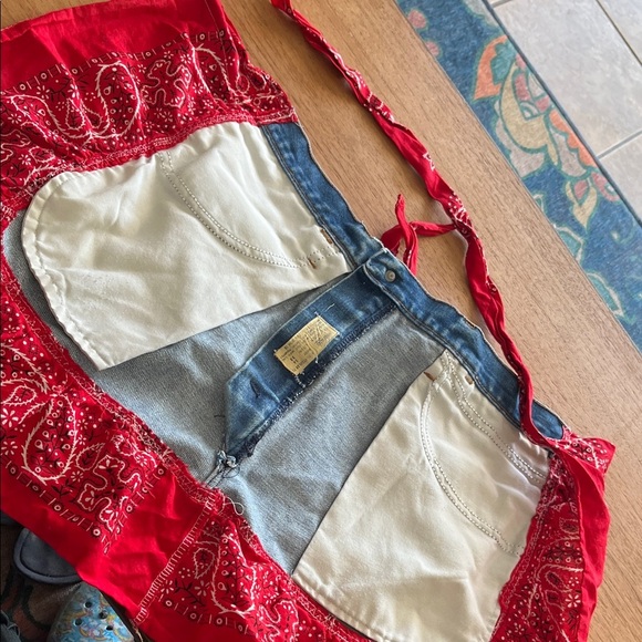 Handcrafted Red Bandana Denim Half Apron Skirt - Picture 3 of 4